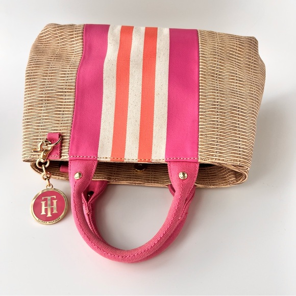Tommy Hilfiger Preppy Jolene Printed Straw w/ Printed Stripes Pink Handbag - Picture 4 of 16